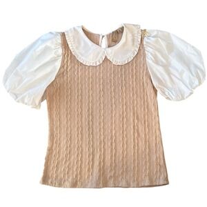 Misia Womens Coquette Knit Top Peter Pan Collar Size M Soft Girl Preppy Beige